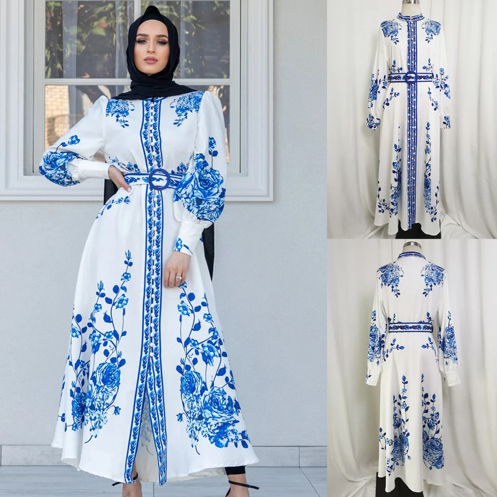 

Muslim Long Sleeve Flower Print Women Dress Ethnic Floral Print Belt Women Maxi Kaftan Robe Women's Dress Turkey Dubai Islamic