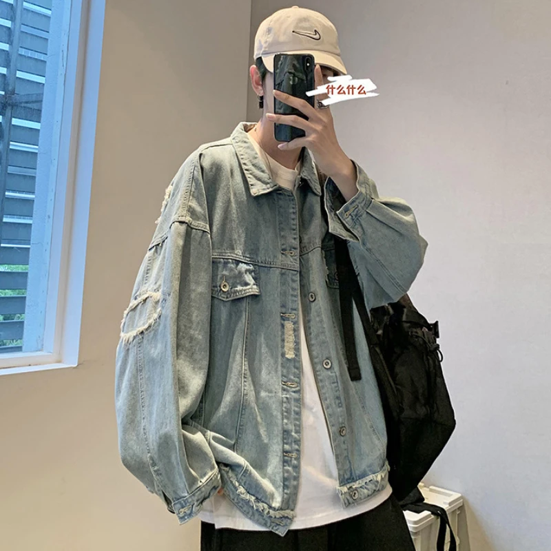 Denim Jackets Men Hole Raw Edge Streetwear Autumn All-match Long Sleeve Korean Commuting Style Youthful Teenagers Outwear Daily 6