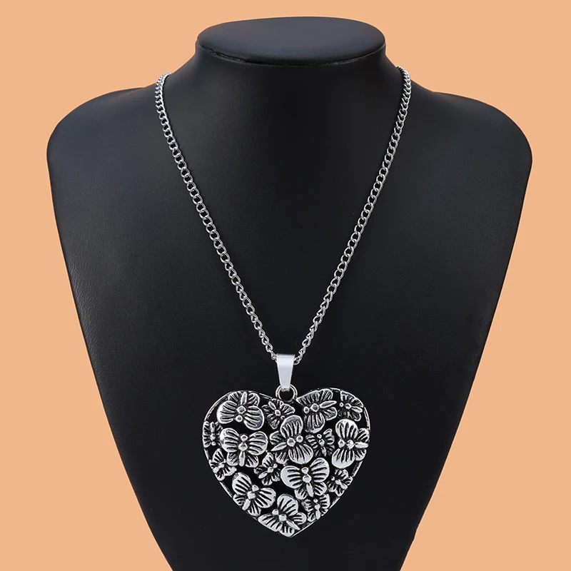 Tibetan Silver Metal Large Heart & Butterflies Pendant Necklace On Long