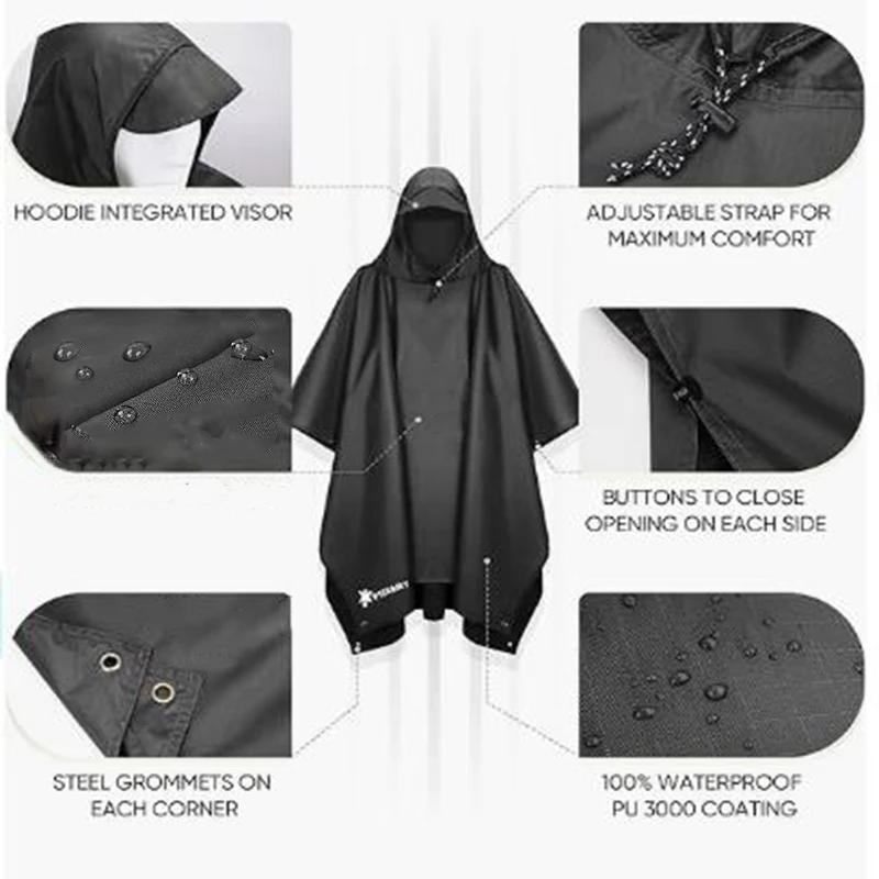 3 in 1 Waterproof Adult Long Raincoat Women Men Rain Coat Jacket Hooded Poncho for Outdoor Hiking Travel Fishing Rainwear Suit