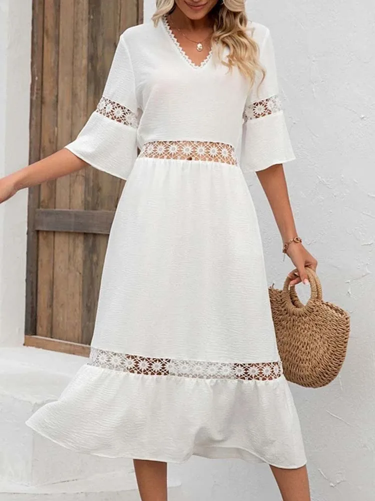 

White Long Dress Women Hollowed Out Lace Splicing Dresses Summer Elegant Fashion V Neck Half Sleeve Maxi Loose Vestido Mujer