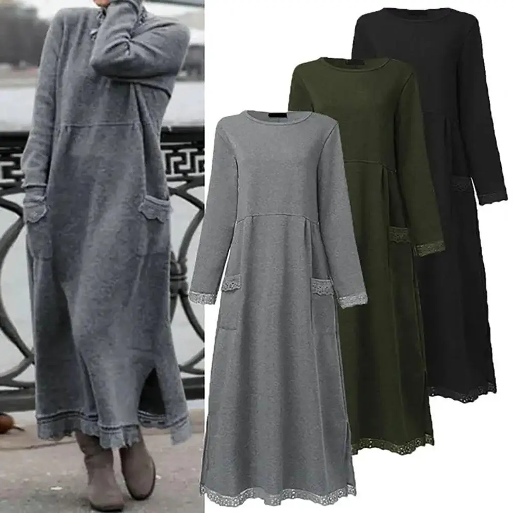 

Popular Side Split Pockets Skin-touch Autumn Winter Plus Size Warm Sweatshirt Long Dress Maxi Dress Cold Resistant
