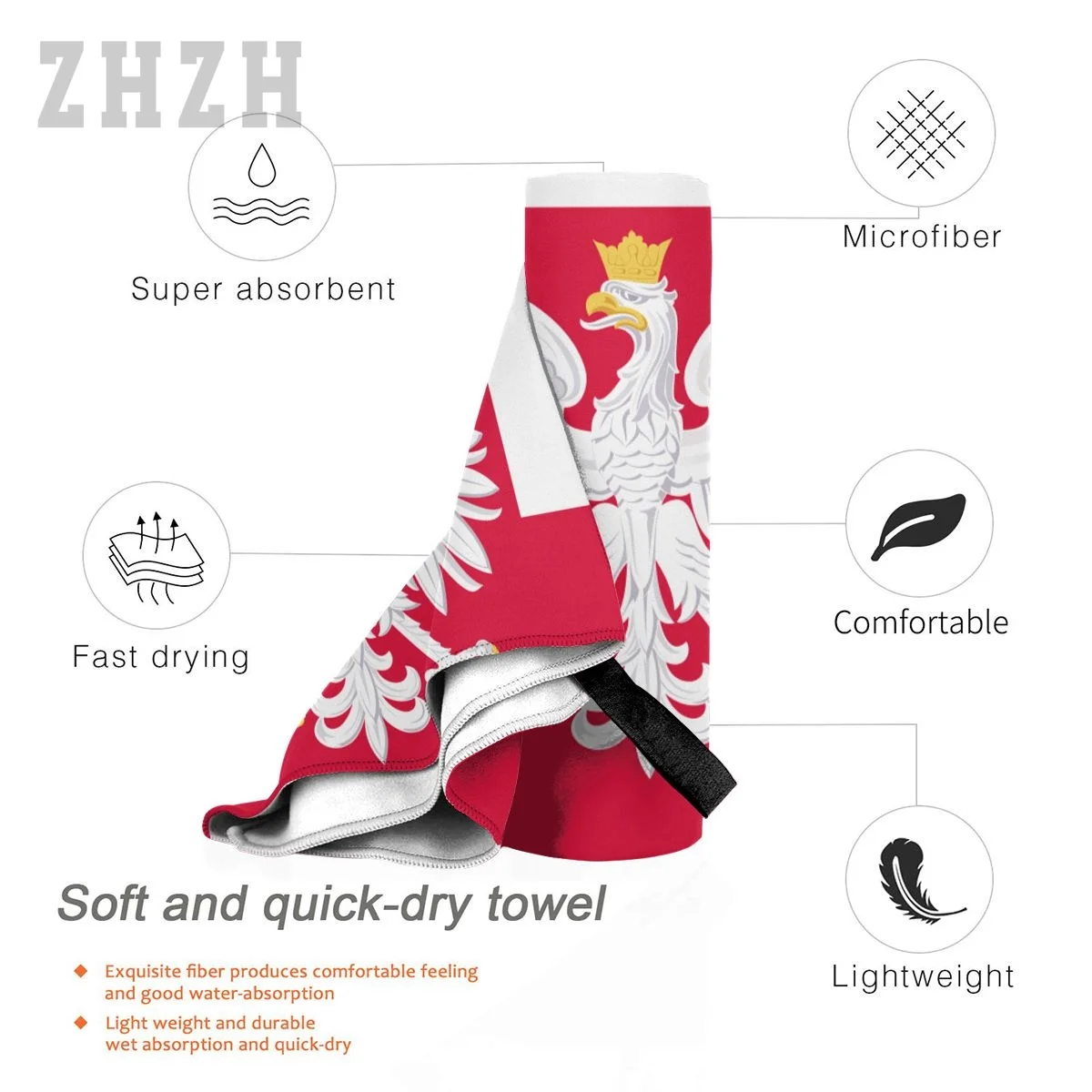 More Design Poland Flag Emblem Bath Towel Quick dry Microfiber Absorbing Soft Water Breathable Beach Swimming Bathroom