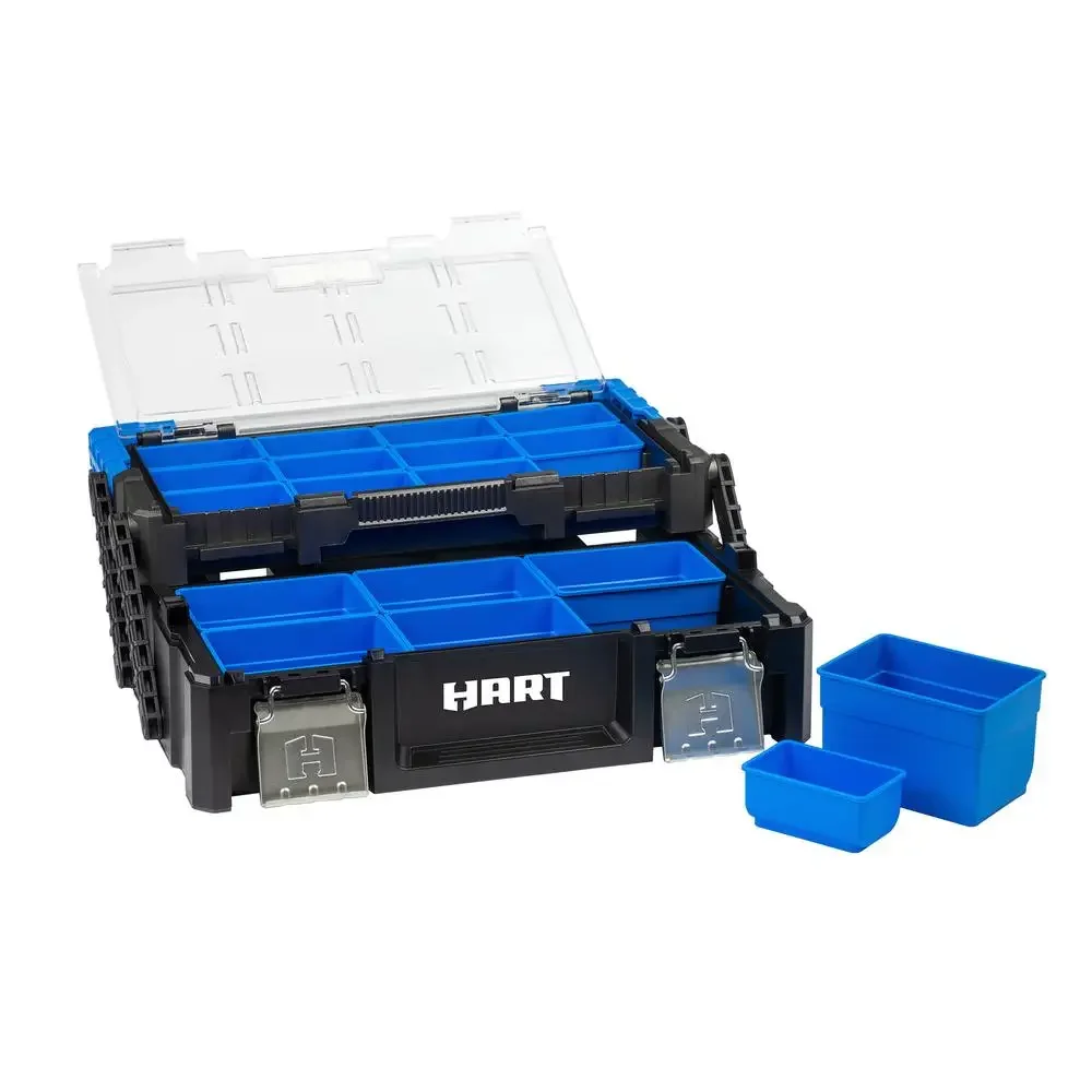 HART 18" Cantilever Organizer Resin Tool Storage Black Blue Accents Bins Metal Latches Stable Base Storage Solution Easy 4