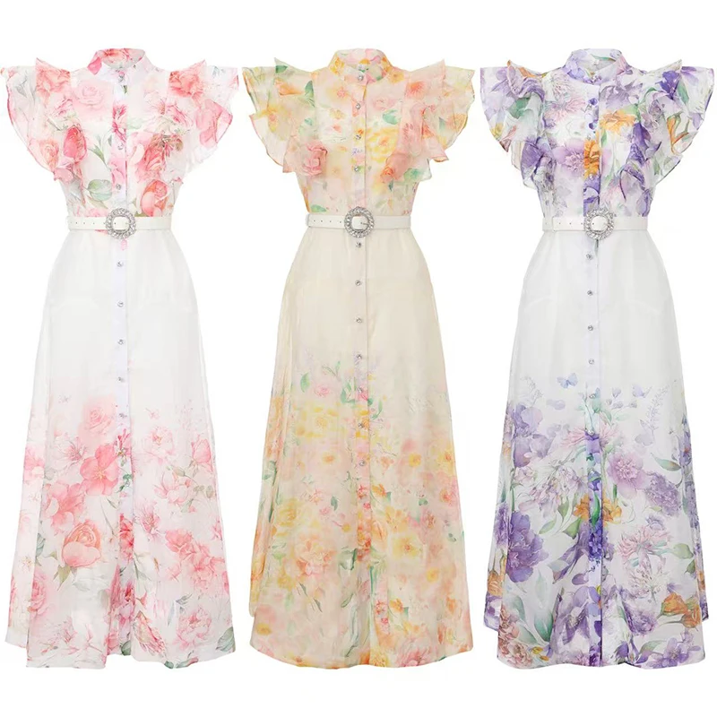 Abito da sera elegante vintage da donna in stile Mori francese, senza maniche, con collo alto, monopetto e cintura - immagine 3