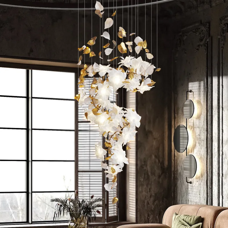 

Modern Loft Crystal Ceiling Hanging Chandelier Lamps for Stairscase Living Room Villa Hotel Flower Pendant Light Home Decoration