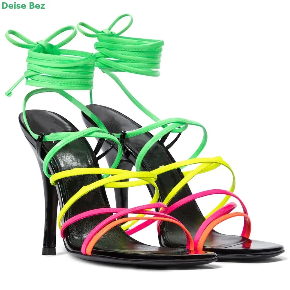 

Mixed Colors Cross-tied Sandals Slingback Ankle Front And Rear Strap Square Toe Thin High Heel Sexy Fashion Summer Women Shoes