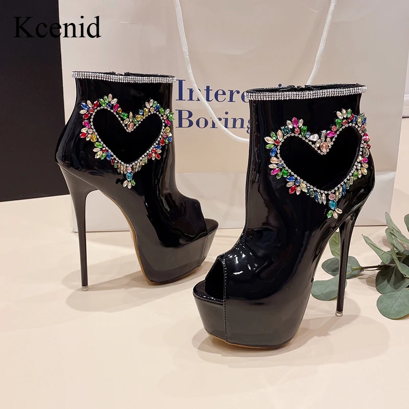 

Kcenid New Fashion Mixed Color Rhinestones Platform Boots For Women Sexy Peep Toe Zip Pole Dance High Heels Spring Autumn Shoes