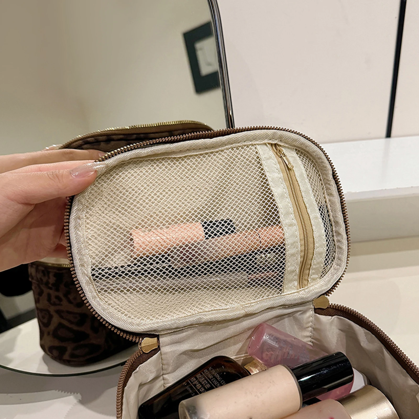 Women Leopard Faux Suede Cosmetics Case Large Capacity Handheld Storage Bag Brush Wash Bag for Girl Women Wife Gifts