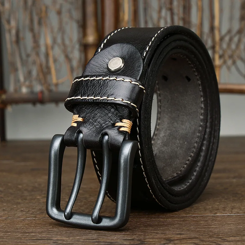 

Genuine Leather Belt Black Double Needle Buckle Thread Jeans Belt Fashion Male Strap 3.8cm Wide Vintage Men's Belt Cowhide
