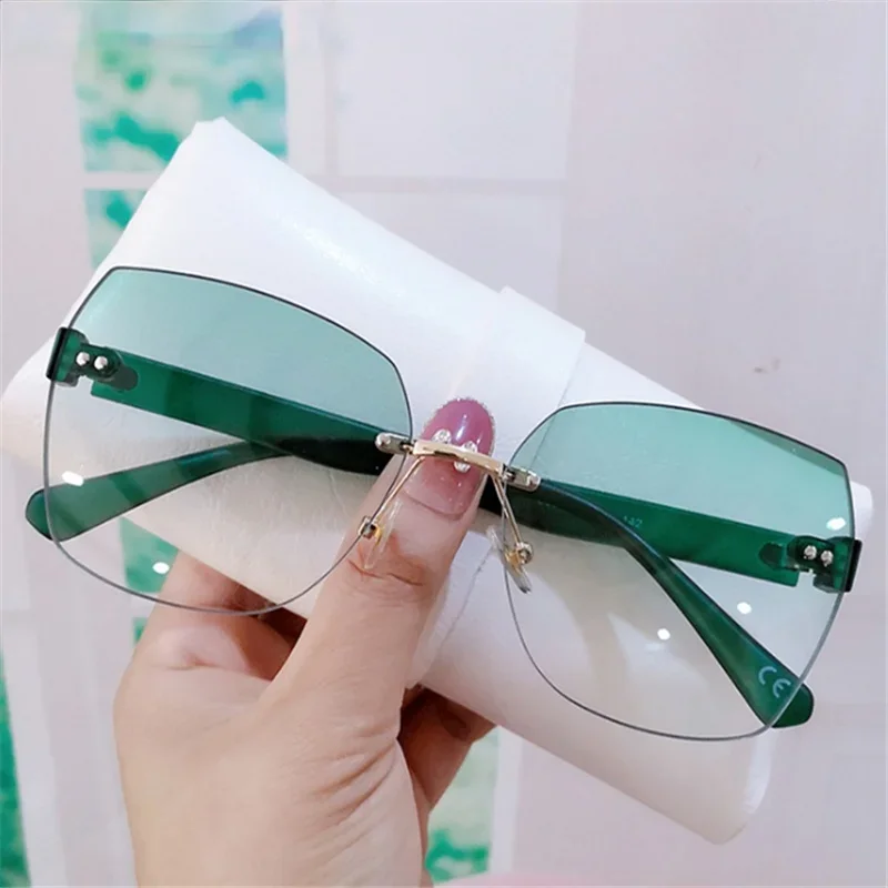 

Fashion Rimless Sunglasses Women Luxury Vintage Irregular Trimming Sun Glasses Lady Shades Gradient Eyewear Green UV400