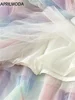 2024 Gradient Mesh Irregular Midi Long Casual Skirt High Elastic Ruffle Patchwork Rainbow Party Summer Holiday Bride Tutu Skirts 3