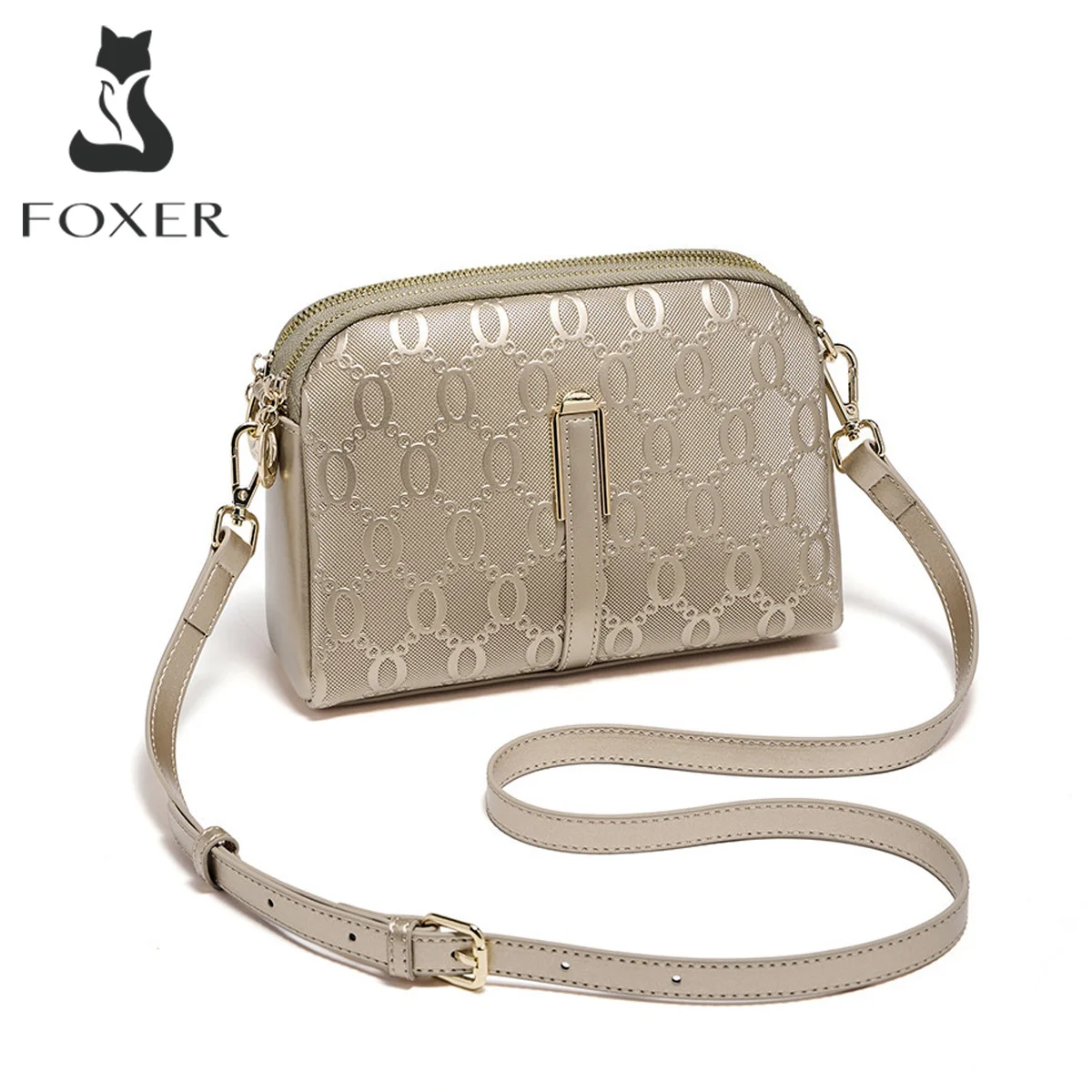 FOXER Elegant Women's Shoulder Bag Split Leather Lady Crossbody Bag Fashion Monogram Print Large Capacity Purse 1
