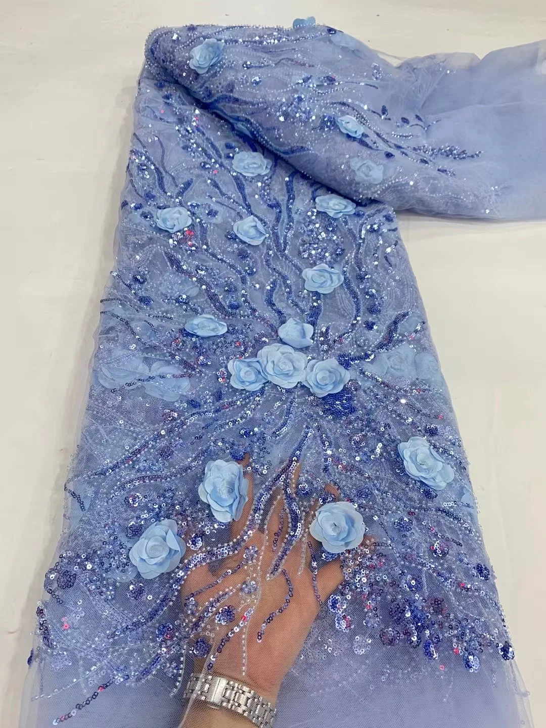 

2023 Latest High Quality African Nigerian 3D Flower Lace Fabric Embroidery French Sequin Lace Fabric for Party Dress 5Yard D5511
