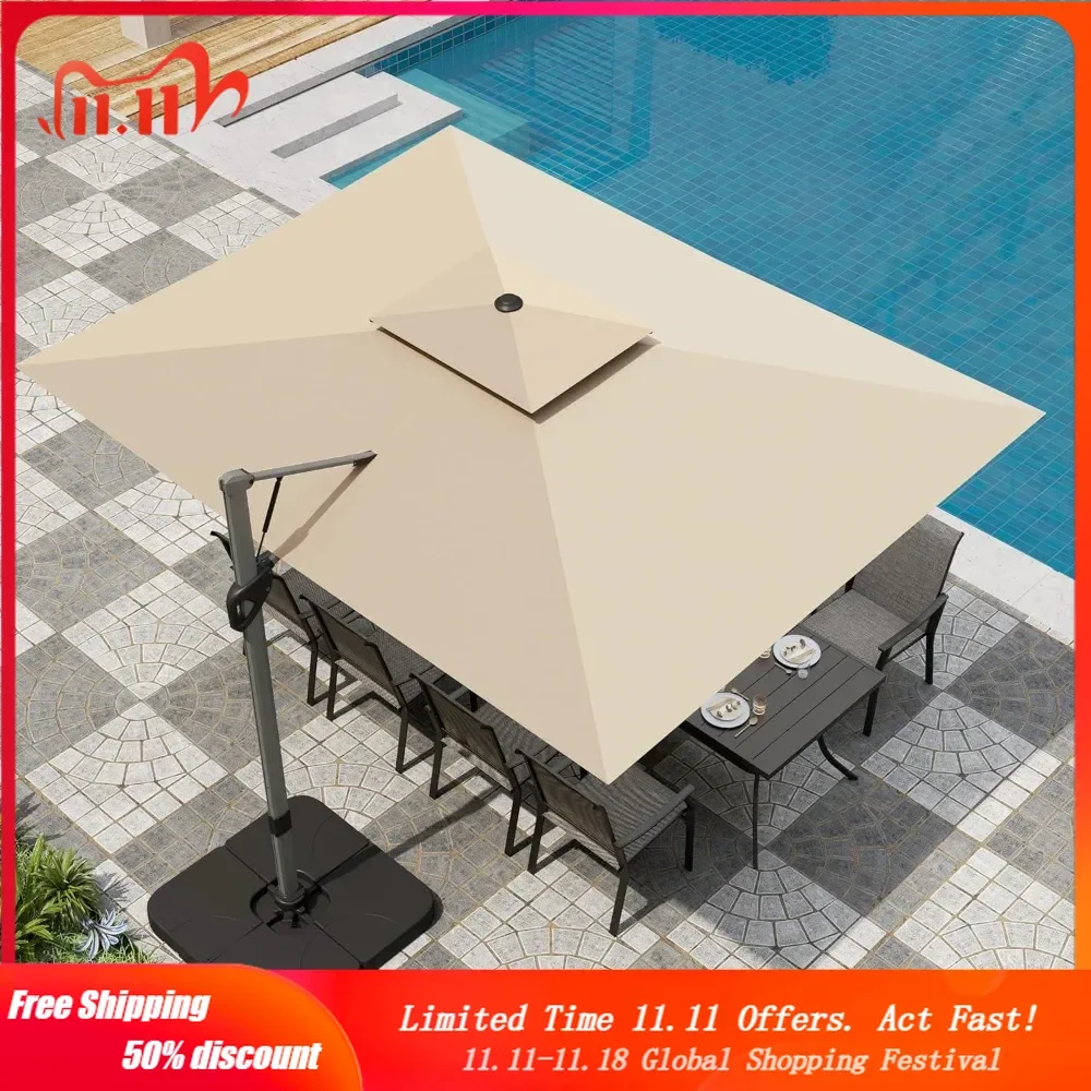 9' X 12' Cantilever Patio Umbrella with Base, Outdoor Large Rectangular Umbrellas with 360&deg;Rotation