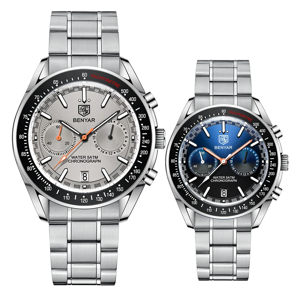 New 43mm BENYAR Men Quartz Wristwatches Top Brand 50M Waterproof Stainless Steel Strap Casual Men Chronograph Watch for Men