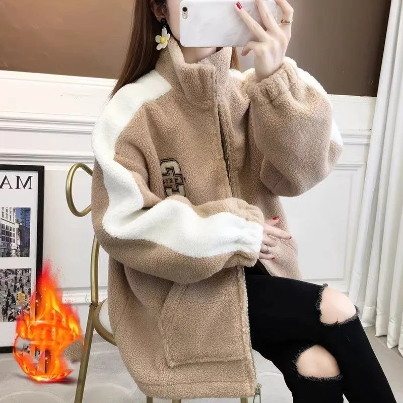 Women's Autumn Winter turtleneck Letter Embroidered Flocked Solid Zipper Long Sleeve Dardigan Coats Casual Loose Elegant Tops