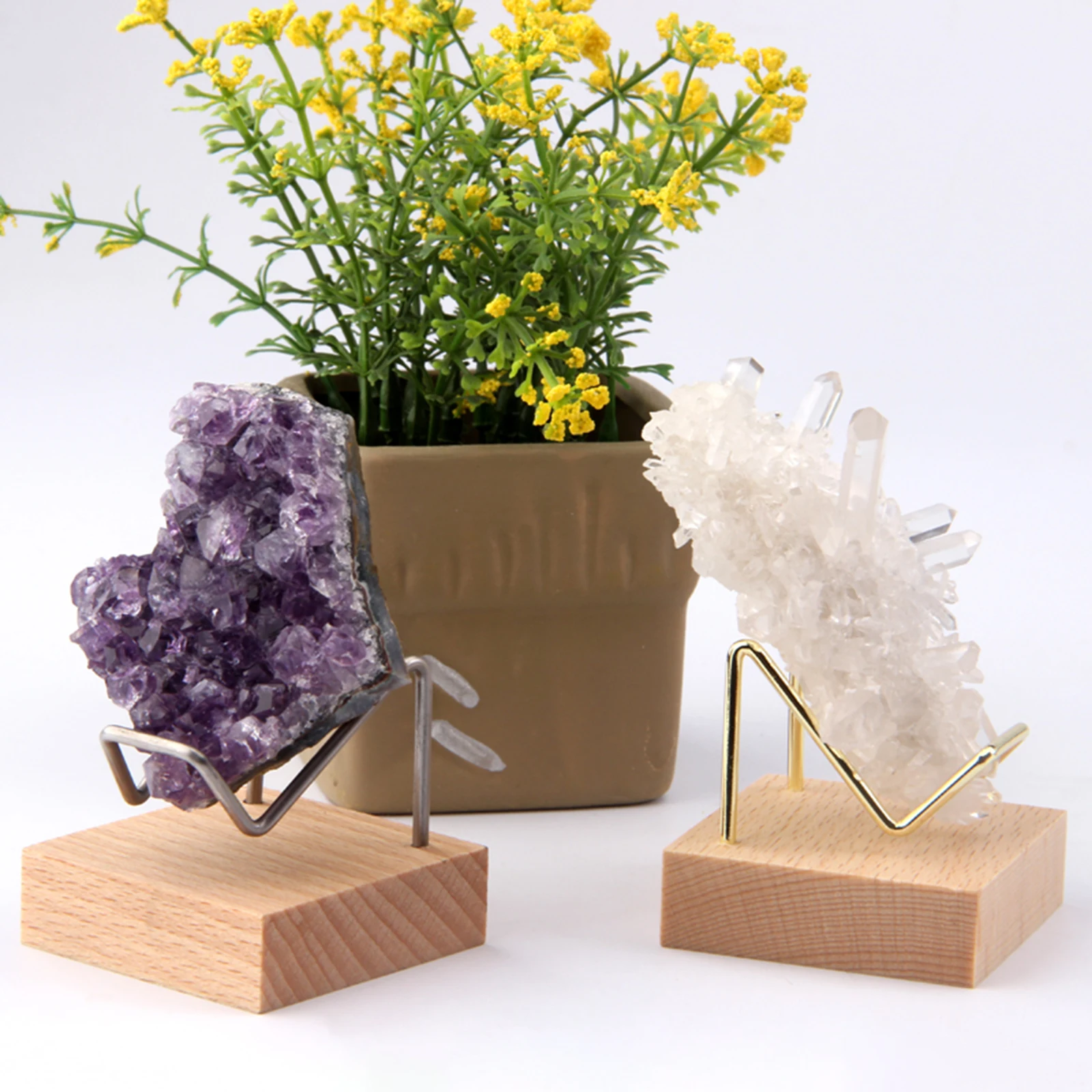 Metal Arm Mineral Stand Display Holder Rack Wood Support Base for Crystal Minerals Ores Agate Rocks for Home Office Show Room 2