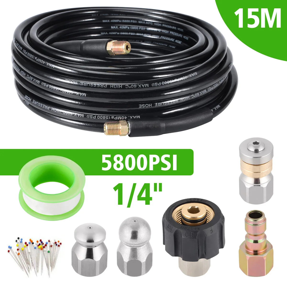 

15m/50ft High Pressure Washer Hose Sewer Cleaning Tube Water Drain Pipe w/Jetting Nozzle Adapters For Karcher K2 K3 K4 K5 K6 K7