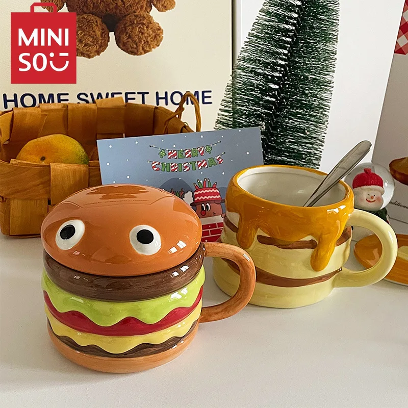 

MINISO Creative Ceramic Burger Mug with Lid Cute and Fun Breakfast Mug Large Capacity Ceramic Burger Mug