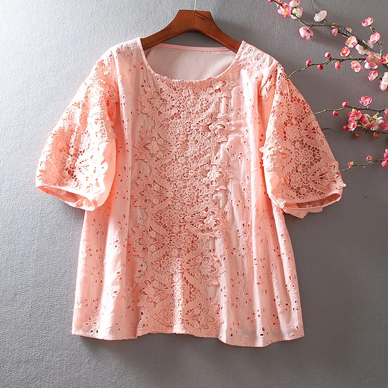 

Women's Spring Summer Hollow Out Lace Shirt Female Vintage Loose Casual Plus Size Cotton Shirt Blouse TB727