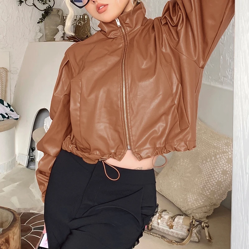 Vintage Elegant Fashion Faux Leather Cropped Jackets Y2k Brown Women Zip Up Stand Collar Lantern Sleeve High Street Korean Coats modern style brown faux leather contemporary office chair