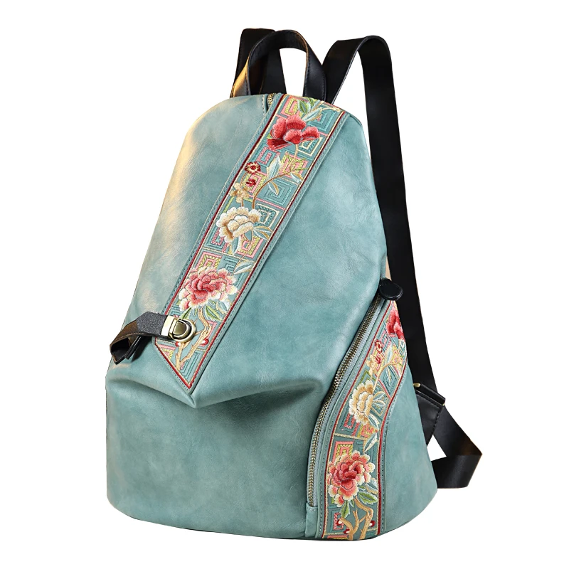 Retro Genuine Leathe Women Backpack Embroidered Design Ladies Bag Travel Backpacks Mother Anti-Theft Backpack Fashion Trend 5