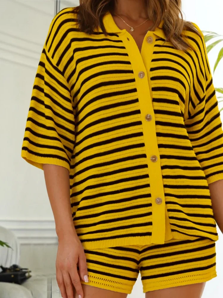 Wmstar 2025 New Women Fashionable Elegant Two Piece Sets Casual Sexy Cut Out Button Knit Short Sleeve Short Pants Sets Stripes