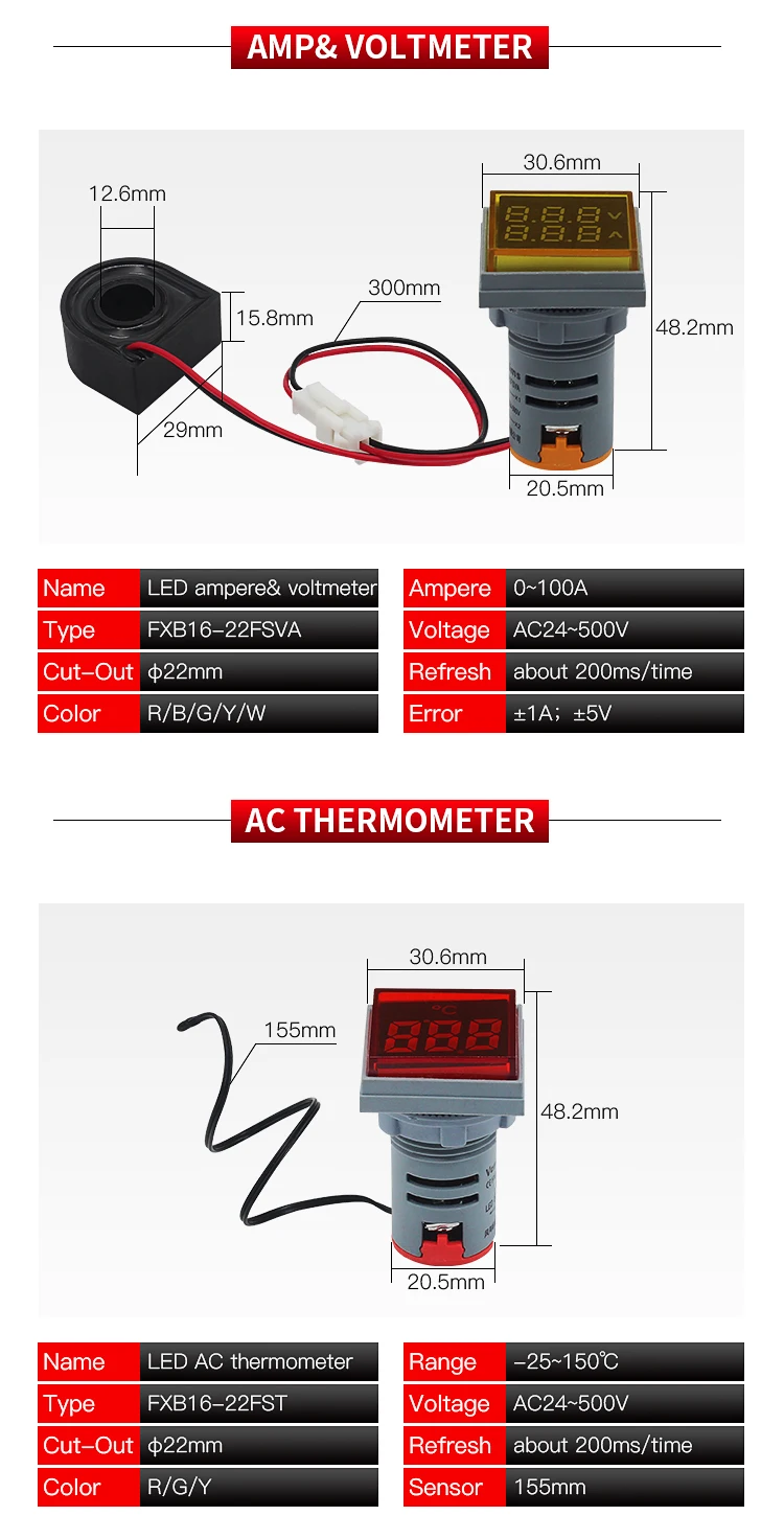 Square Display AC Voltmeter Ammeter Used For Line Measurement Value Display LED Indicator DC Voltmeter Light Signal Simulation