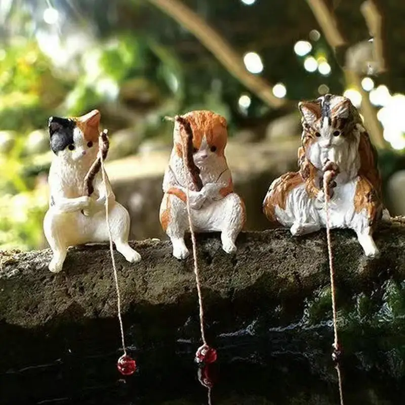 Cats Fishing Figurine Cat Sculpture Sitting Fishing Little Cute Cat Resin Ornament Decorative Furnishing For Aquarium Home Decor