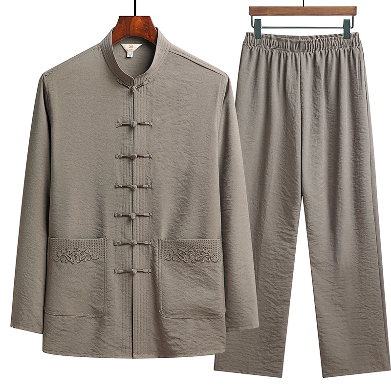 Chinese Style Cotton Linen Tang Suit Casual  Spring Autumn Men's Long-sleeved Shirt Pants Two-pieces Fashion Men Sets 2