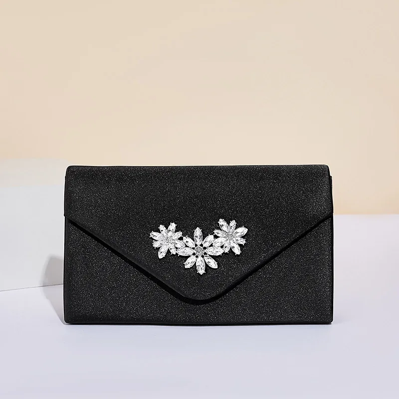 Satin Square Envelope Clutch Handbag with Crystal Diamond Floral Pattern Women Wedding Party Evening Purse Chain Shoulder Bag