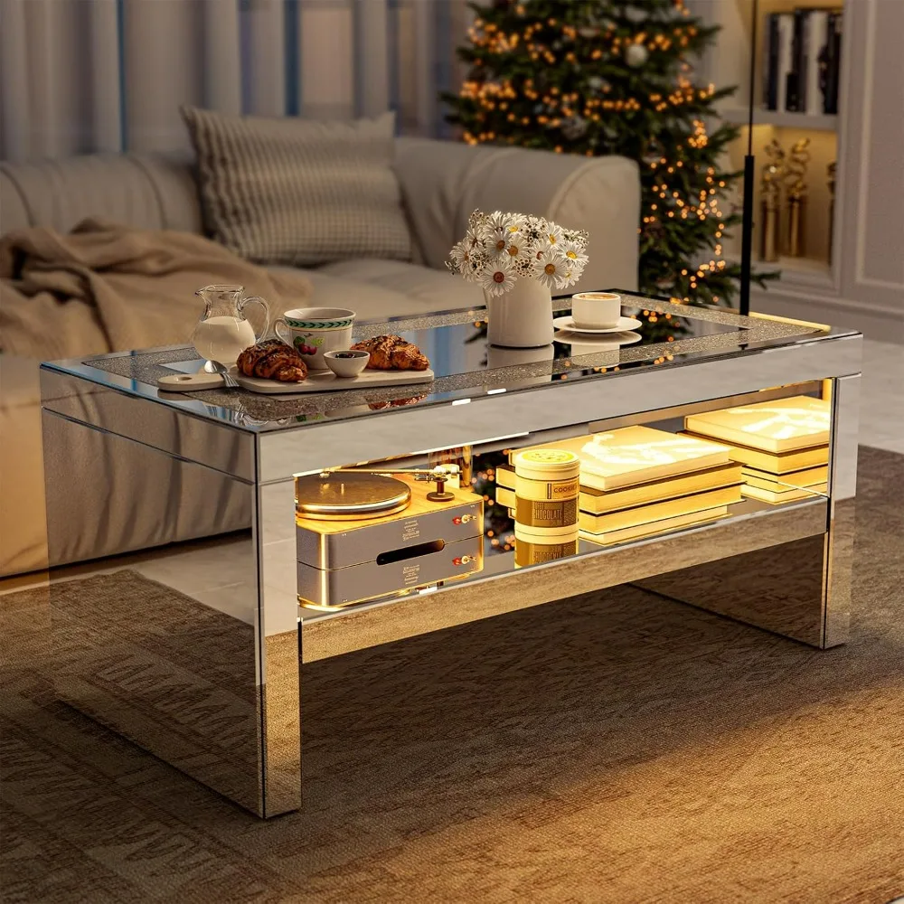 Mirrored Coffee Table with Mirror Crystal Board, Glass Rectangle End Table Coffee Tea Table with 2 Tier for Living Room Bedroom 2