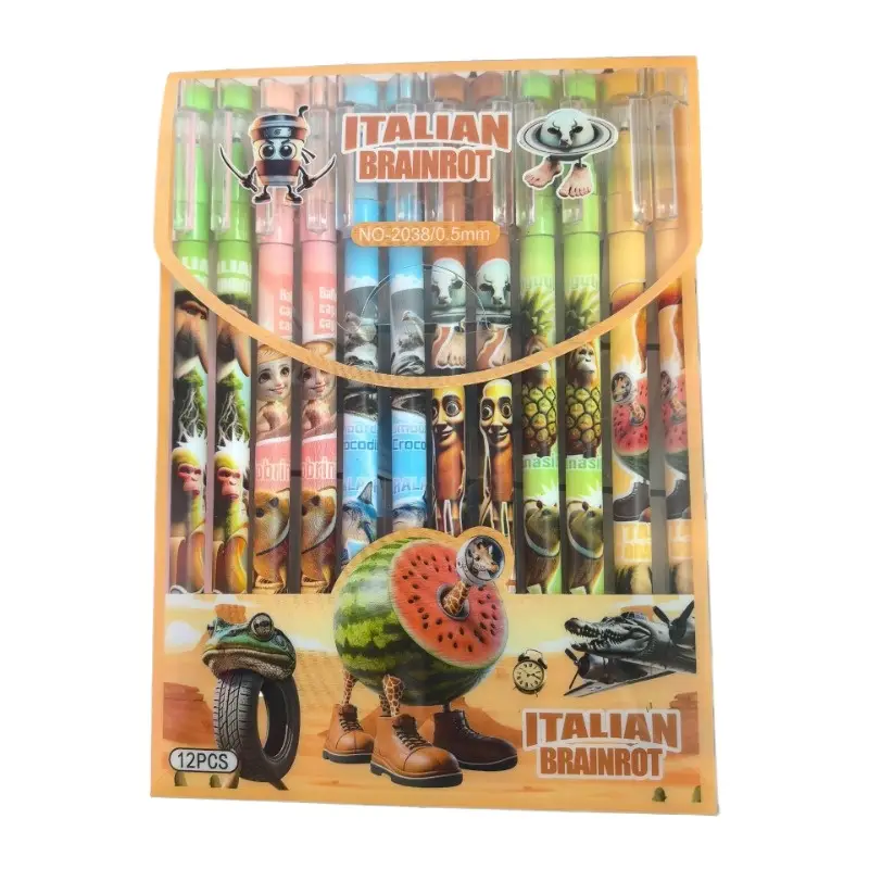 12pcs Tung Tung Sahur Italian Brainrot Wooden Stick Gel Pen Cartoon Signature Pen Individually Packaged Student Stationery Gift - Image 3