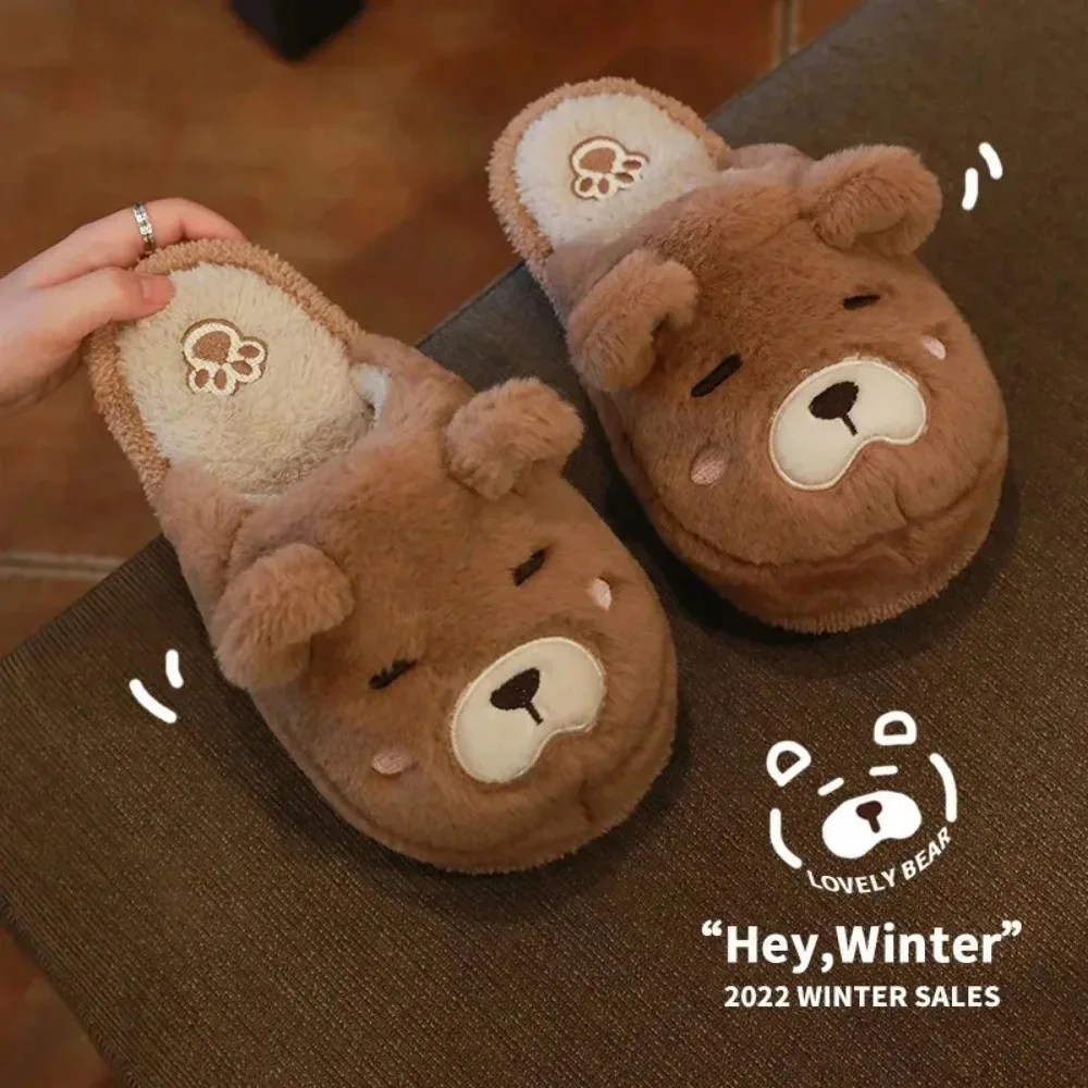Cartoon Bear Slipper for Women  Winter Indoor Warm Faux Fur Shoes Flip Flops Cute Animals Plush Platform Ladies Home Slippers 6