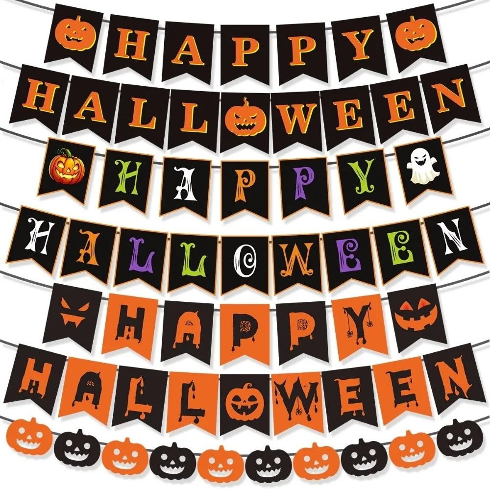 Cartoon Halloween Muster Banner Papier mit Kürbis Geist Alles Gute zum Geburtstag Banner Halloween Geburtstag Dekorationen Party Dekoration – Detail 6