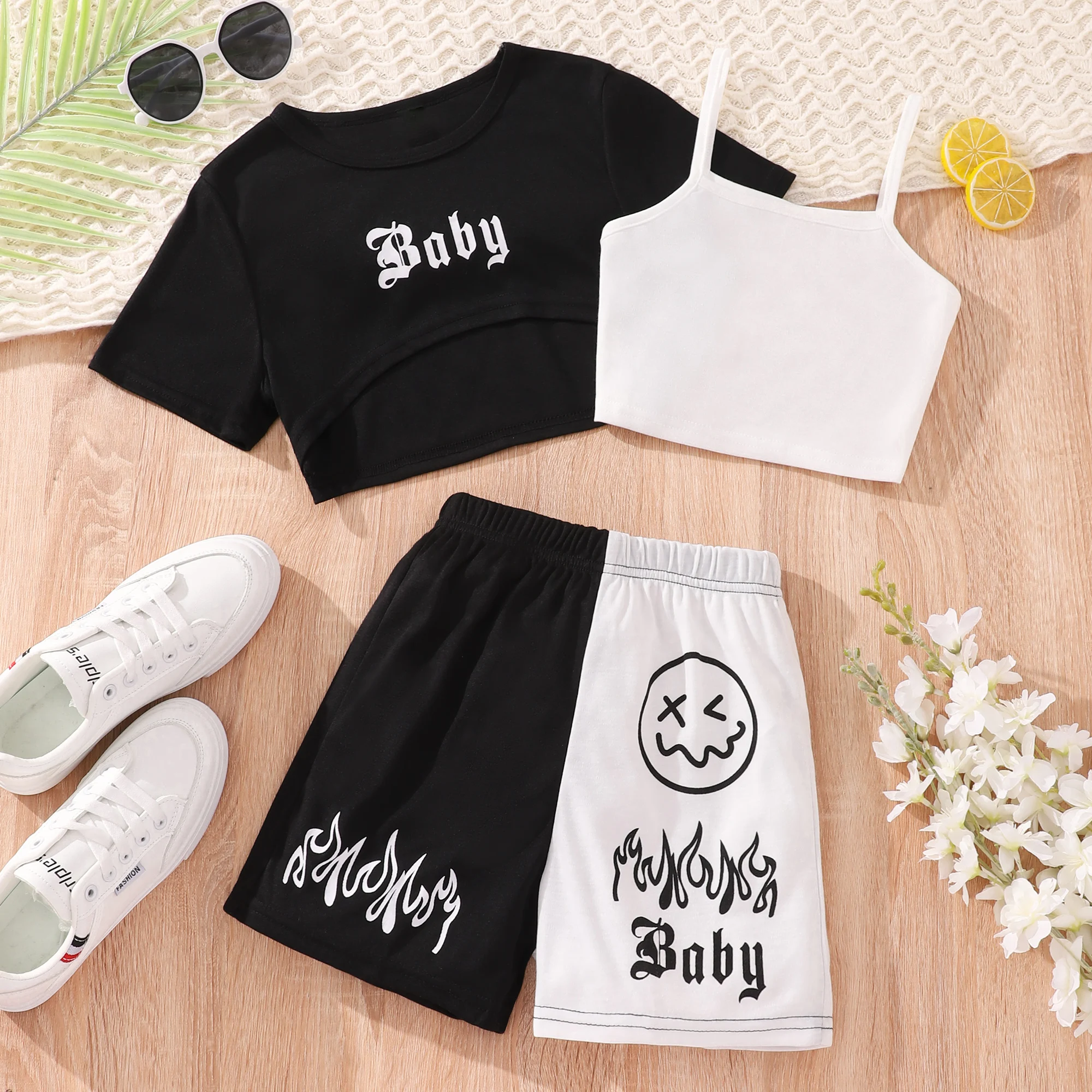 

2024 Girl Set Summer Fashion 3 Pce Teen Girls Sports suit Short Sleeves Color Contrast Alphabet Kids Outfit 7 8 9 10 11 12 Years