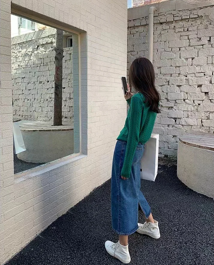 Maternity Skirt For Pregnant Women Denim Cotton Side Slit Medium Length Slimming Outerwear For Summer Spring Autumn