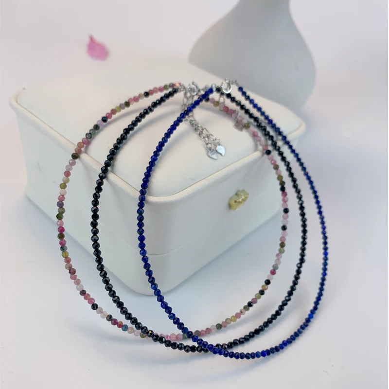 Anklet 925 Silver Jewelry Bead Foot Chain 24-27cm Natural Stone 2MM Tourmaline Black Spinel for Women