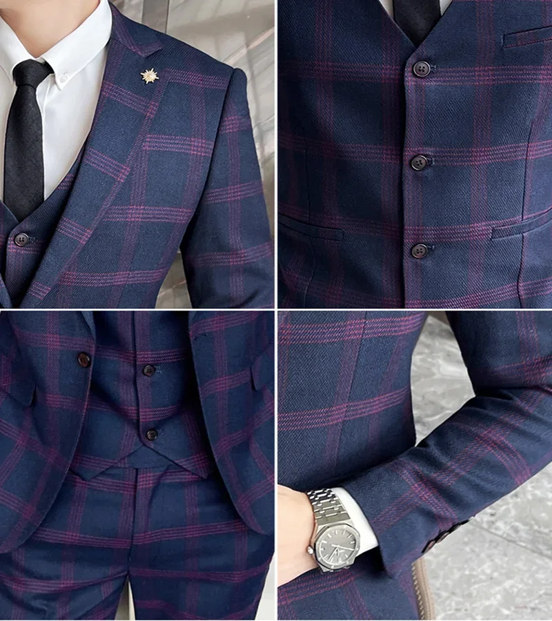 Terno Masculinos 컴플리트 블레이저 및 바지, 비즈니스 캐주얼 격자 무늬 포트 스타일, 슬림 신사 웨딩 작업 블레이저 세트, 패션