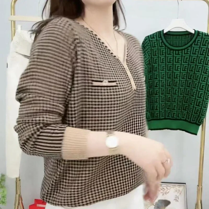여성용 빈티지 다용도 니트 티셔츠, 체크무늬 V넥, 루즈한 긴팔 캐주얼 상의, 한국 용수철, 가을 신상 티, 패션 2023