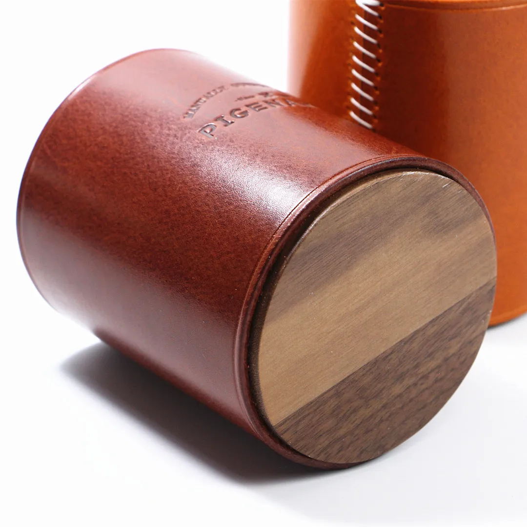 High End Handmade Genuine Leather Solid Wood Pen Holder Cowhide Office Stationery Storage Pen Holder Desk Organizer