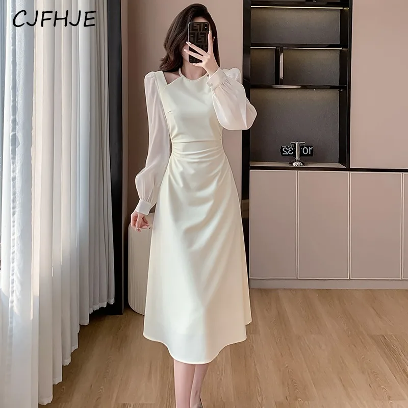 

CJFHJE New Women's Beaded Hollow Apricot Waist Dress Spring Korean Retro Fashion Splicing Women Long Sleeved A-line Dresses