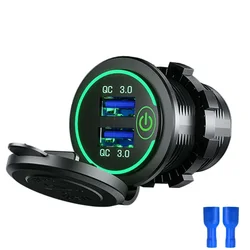 Dual USB Fast Car Charger with Touch Switch & LED Light - Waterproof QC3.0 Power Outlet (Green)