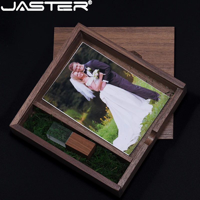 

JASTER Crystal Wooden box USB Flash drives 128GB Walnut Wood Pen drive 64GB Creative Photography Wedding Gift Memory Stick 32GB