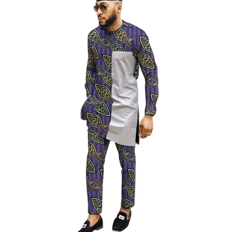 Celebration Men Fashion Patchwork Shirt With Pant Male Nigeria Outfits Customize African Wedding Party Garments