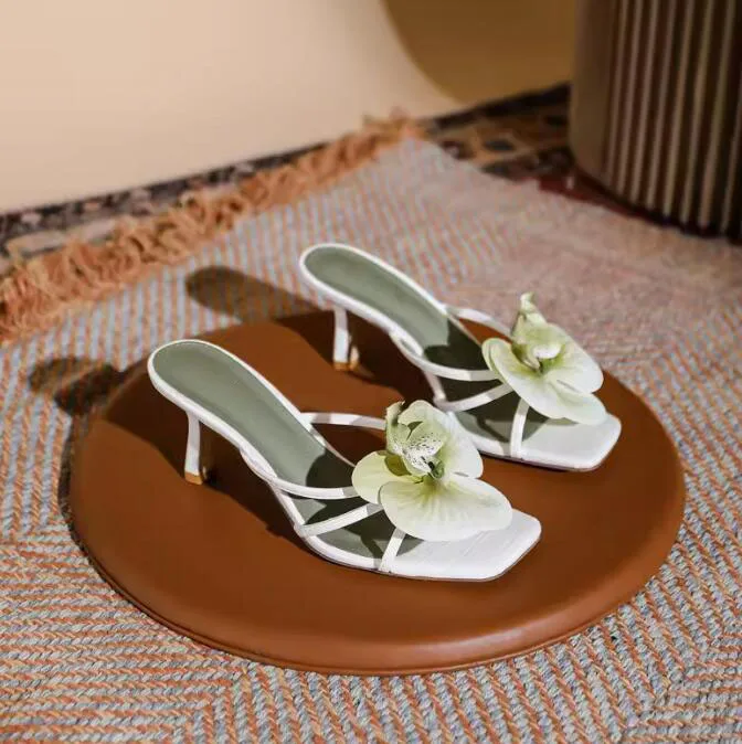 

Orchids Flower Clip toe Thin Strap Sandals Sexy Kitten Heels Slipper Women Beauty Flower Slingbacks Shoes