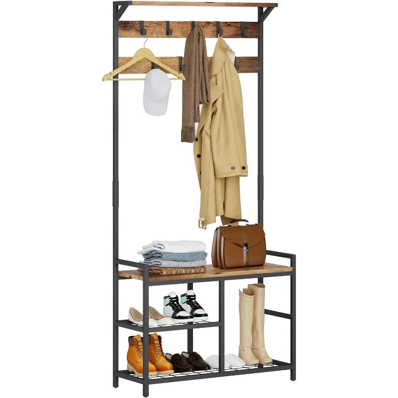 

HOMEKOKO Coat Rack Shoe Bench, Hall Tree Entryway Storage Bench, Wood Look Accent Furniture with Metal Frame, 3-in-1 Design