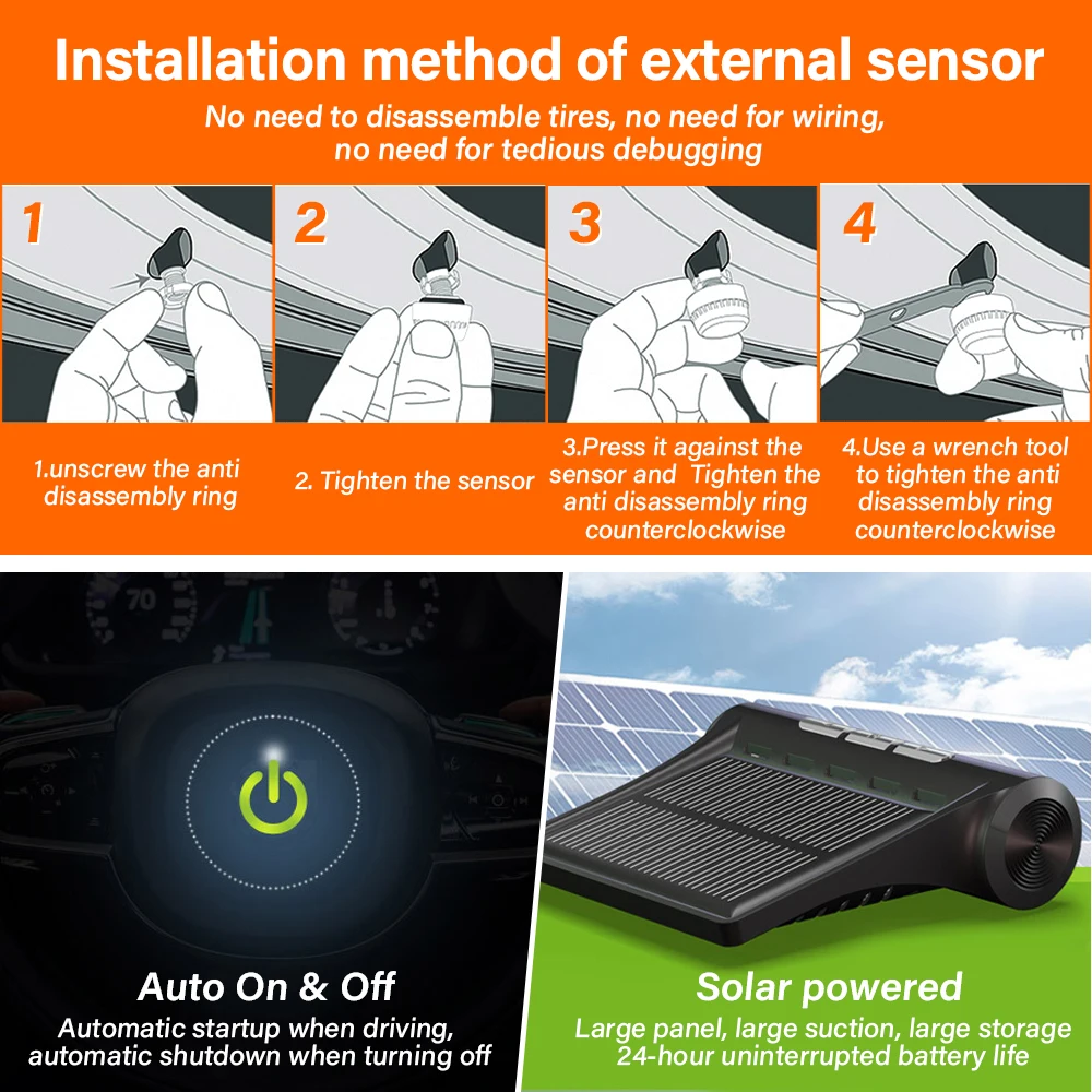 1 set Cars Temperature Tire Air Pressure Gauge Car Intelligent TPMS Solar Tyre Pressure Monitoring System Parking Sensors