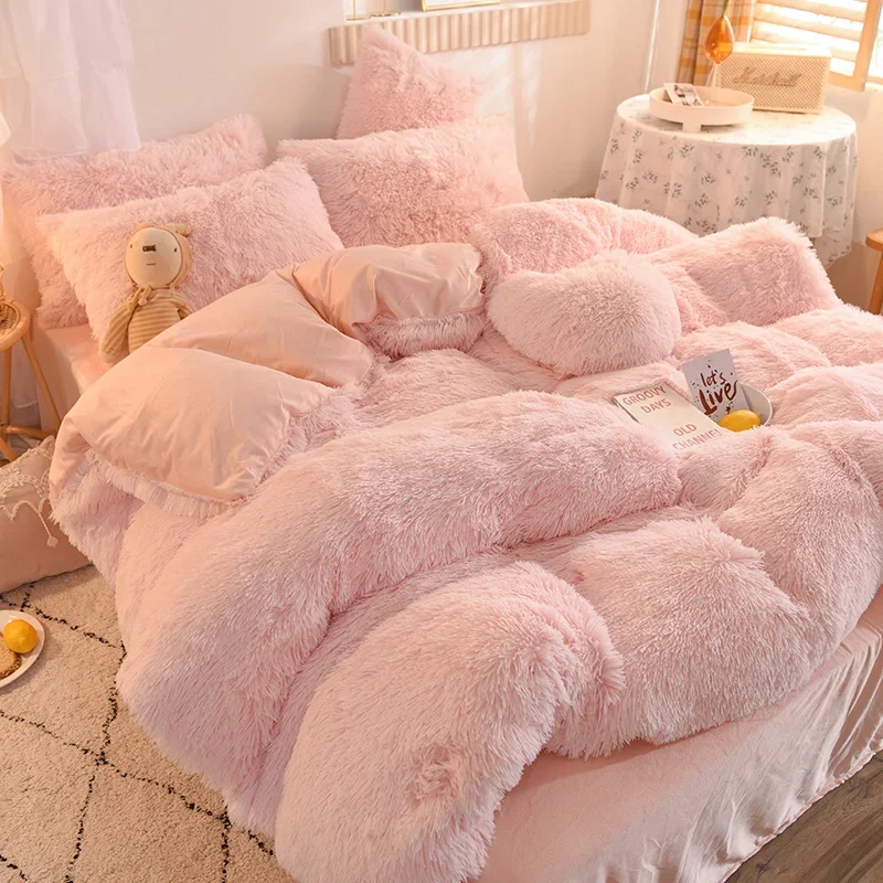 

Lovely Pure Color Winter Warm Bedding Set Plush Kawaii Duvet Cover Set with Sheets Quilt Cover and Pillowcase Warmth Bed Sets